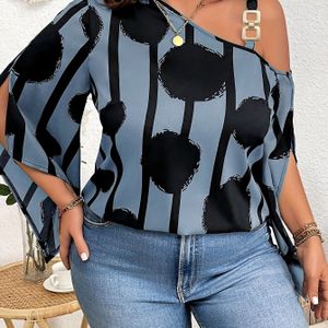 Plus Size Grafische Print Blouse, Elegante Cold Shoulder Chain 3/4 Mouw Blouse Voor Lente & Herfst, Vrouwen Plus Size Kleding