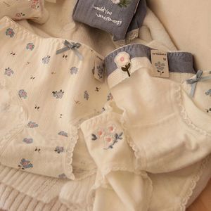 5-delige set Dames Blauwe Bloemenprint Ondergoed - Romantisch Contrast Kant Afwerking Naadloze Mid-Rise Slipjes, Zacht Ademend Casual Kleding voor Meisjes & Tieners, Schattig Ondergoed