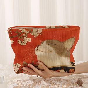 & Cherry Corduroy Makeup Bag - Lightweight, Multi-functional Cosmetic Pouch With Liner For Travel