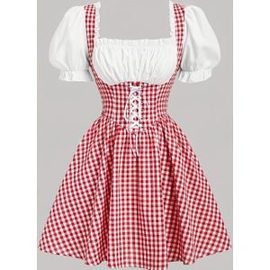 Elegante rode rood-wit gestreepte peplum jurk voor dames, hoge taille, vierkante hals, polyester 100%, niet stretchend geweven materiaal, A-pasvorm voor lente/zomer/herfst - 120g/m²