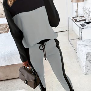 Casual en Elegant Color-Block Ronde Hals Lange Mouw T-Shirt met Verlengde Broek Tweedelige Set