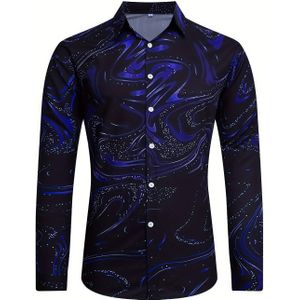 Heren Overhemd met Digitale Print Kraag - Enkelrijige Knoopsluiting Jasachtige Lange Mouwen Blouse, H-Fit Wasmachinebestendige Kraag Top voor Casual, Zakelijk & Vakantie (Geen Riem, Lente/Herfst)
