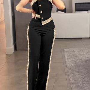 Polyester Casual Spaghetti Strap Slingback Alphabet Vrouwen'S Hoge Taille Jumpsuit Broek met Contrast Sequin voor Volwassen
