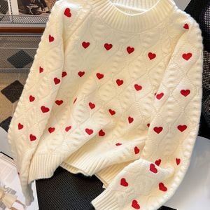 Gezellige Wintertrui voor Dames met Rode Hartjespatronen - Schattige Ronde Hals Pullover, Zacht en Warm voor Herfst & Winter, Outfits, Comfortabele Trui, Details