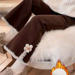 Meisjes Fleece-Gevoerde Wijde Broek - Winterwarmte met Bloemen Appliqué Detail, Mid-Stretch Machinewasbare Stof, Regular Fit voor Casual & Elegante Outfits, Perfect voor Buiten