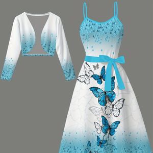 Stijlvolle Blauw-Witte Vlinderprint Jurkset met Lange Mouwen Jas, Riem en Suspenderrok voor Elegante Dames