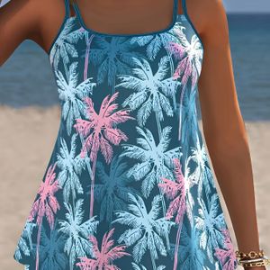 Dames Plus Size Casual Kokospalm Top en Shorts Badpak Set, TIDALOLY, Hoge Stretch, Ronde Hals, Shorts, Verwijderbare Vulling, Plant , Tropische Stijl, Polyester Materiaal, voor Vrouwen