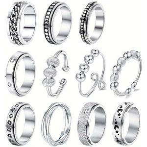 11 Angstbanden Gemaakt van 201 Roestvrij Staal, met Roterende Designs met - en Stermotieven, Ideaal voor Stressverlichting voor Zowel Mannen als Vrouwen.