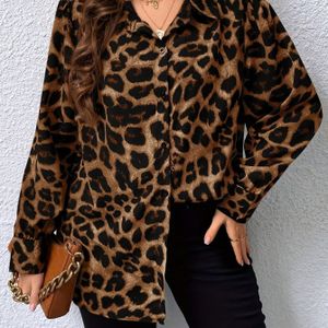 Plus Size Damesoverhemd met Luipaardprint en Lange Mouwen