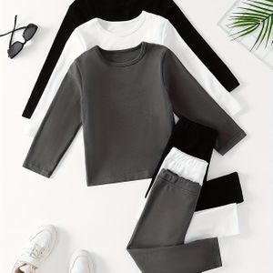 3 sets stijlvolle thermische fleece-toppen en lange broeken voor jongens, met eenvoudige kleuren in een multi-pack combinatie.