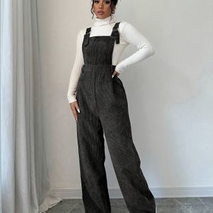 Dames Elegante Corduroy-achtige Textuur Mouwloze Jumpsuit - Dikke Band Wijdpantalon Romper met Dubbele Knoopsluiting, Kleur Casual tot Semi-Formele Outfit