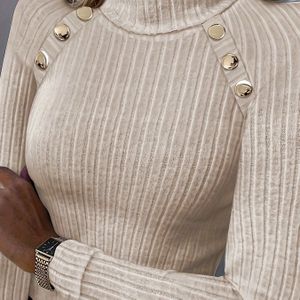 Stevige Ribgebreide Top Met Col, Elegante Slanke Trui Met Lange Mouwen En Knopen, Dameskleding