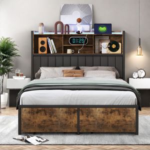 Retro Upholstered Bed, Double Bed Frame With Drawers, Headboard With Storage, Without Mattress, Industrial Style, 160/180 X 200 Cm