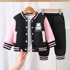 2 stuks Meisjes Casual Fleece-gevoerde Beer Baseballjack en Sweatpak Set voor Herfst/Winter, Ideaal voor Buiten