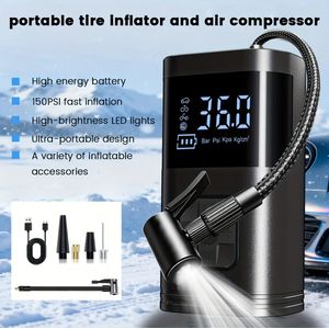 Draagbare Bandenpomp & Luchtcompressor met LED-verlichting, 150PSl Snelle Inflatie, Automatische Drukdetectie, USB-Gevoed/Oplaadbare Batterij, Compact Ontwerp voor Auto