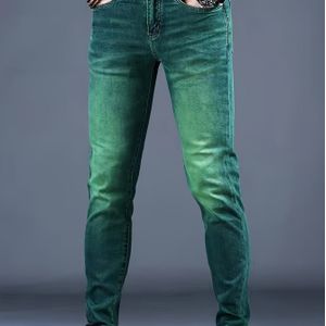Heren Slim-Fit Stretch Denim - Lichtgroene Gewassen Rechte Pijpen Denim Broek met Knoopsluiting, Comfortabel voor Alle Seizoenen, Regular Fit voor Casual & Formele Kleding