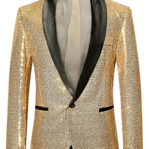 1pc Heren Sequin Blazer Jak - Gouden Glanzende V-hals Jurk Coat, Koreaanse Stijl Avondkleding voor Heren, Asymmetrische Zoom, Enkele Knopsluiting, Perfect voor Feesten & Fotografie