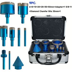 6+8+10+20+25+35+50+ Chamfering Tool×1+5/8-11 To Hex Shank 72mm×1, 9pcs Set Of Brazed Dry Drilling Bits For Ceramic Tiles, Granite, And Marble, Compatible With Electric Drills.