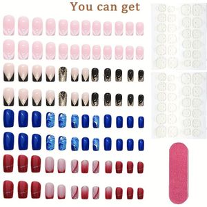 96-delige Acryl Franse Druk Nagelset, Zwart, Blauw, Rood, Roze met Gradiënt en Patronen, Inclusief Jelly Lijm en Nagelvijl, Geschikt voor 'Nageldecoraties