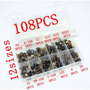 108 koolborstels, vervangingsset voor elektrisch gereedschap met 12 verschillende maten – de perfecte keuze voor onderhoud en vervanging van uw stroomgereedschappen