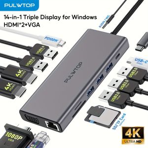 PULWTOP 14-in-1 voor MacBook, Dell, HP, - Dubbele HDTV + VGA, 100W Stroomlevering, Gigabit Ethernet, SD/TF Kaartlezer, Audio & Microfoon, Multiport Adapter, USB voor Laptop