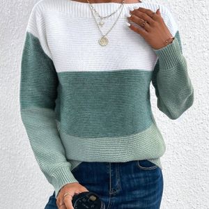 1pc Dames Color Block Patchwork Pullover Sweater, Lange Mouw Gebreide Stof met Lichte Stretch, Off the Shoulder Collar, Regular Fit voor Herfst/Winter