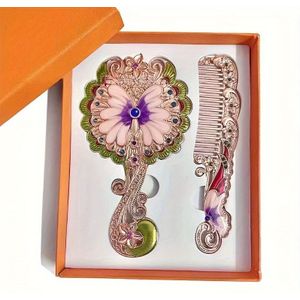 2 stuks/set Pavane ontwerp make-upspiegel en kamset ronde vorm reliëf metalen handspiegel (spiegel + kam -2 stuks/set)