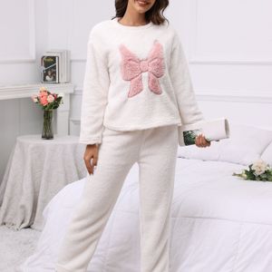 Dames Pyjama Set met Strik en Schattige Fleece, Lange Mouwen Ronde Hals Top & Broek, Comfortabele Losse Pasvorm Voor Herfst & Winter