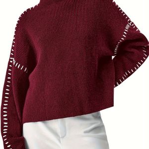 Casual Dames Trui met Ronde Hals - Lange Mouwen, Kleurblok Pullover in Zacht Roze & Witte Rand, Losse Pasvorm voor Alle Seizoenen, Geribbelde Textuur