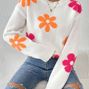 Bloemenpatroon Crew Neck Pullover Sweater, Elegante Lange Mouw Gebreide Trui Voor Herfst & Winter, Dameskleding