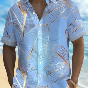 Herren Hawaiiaans Tropisch Bladprint Korte Mouw Shirt - Teal & Gouden Knopen, Borstzakje, Lichtgewicht Ademend Stof voor Strandvakantie en Zomeroutfits - Casual Hawaiiaans Overhemd voor Mannen