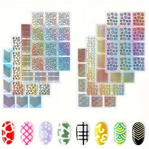 288 stuks 3D Franse holle nagelstickers, vierkante laser gedrukte nagelkunststicker, verschillende patronen, papiermateriaal, met DIY-manicure-sjabloonset