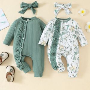 4 Stuks/pakje Nieuwgeboren Baby Meisje Kleding Jumpsuits Ruffle Lange Mouw 2 Stuks Baby Meisje Rompers + 2 Stuks Hoofdband Infant Outfits, Voor Buiten