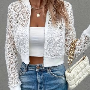 Elegante lange mouwen dames jas met kant ribbesterre zip en honkbal kraag