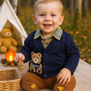 Herfst Cartoon Beer Patchwork Tweedelige Set met Lange Mouwen en Broek voor Pasgeboren Jongens, voor Buiten