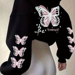 Dames Short Hooded Sweatshirt met Vlinderprint & "" Letters - Comfortabele Casual Pullover met Lange Mouwen, met Roze & Vlinder Design