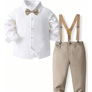 Kinderpak voor Jongens: Herenoverhemd met Lange Mouwen en Broek in Wit, Tweedelige Banketformele Kleding