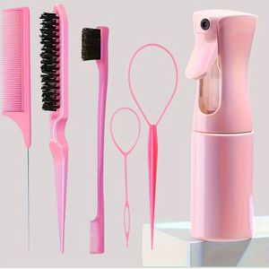 6-delige set haarstyling tools, professionele haarspray verstuiver, randcontrole borstel, rattenstaart kam, vlechtgereedschap, toupeerborstel, kappersgereedschap