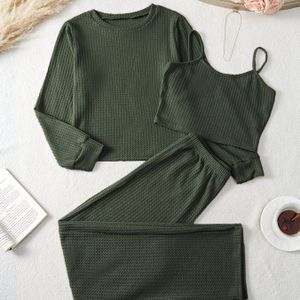 Vrouwen Kleur Wafelprint Lange Mouw Pyjama Set, Herfst/Winter Casual Losse Thuisoutfit