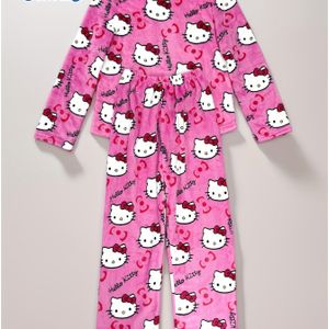 Sanrio voor for hello kitty Verdikte warme pyjama set voor tieners - Schattig cartoonontwerp, lange mouw ronde hals, , polyester, casual slaapwear, voor for hello kitty thema items