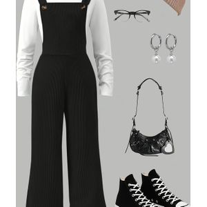 Meisjes Casual Witte Lange Mouwen Top en Zwarte Jumpsuit Tweedelige Set, Comfortabel en Veelzijdig, Geschikt voor Buiten Vrije Tijd (Accessoires in de Foto zijn Alleen voor Referentie)