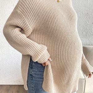 Zwangerschaps Casual Trui met Ronde Hals - Losse Pasvorm, Lange Mouwen, Beige, Perfect voor Herfst/Winter, Comfortabele Zwangerschapskleding, Materniteitskleding