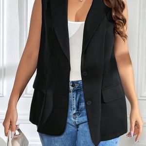 Women's Plus Size Elegant Sleeveless Vest Jacket - Solid Color Beige, Front Snap Closure, Lapel Collar, Regular Fit, Lightweight Polyester, Casual Or Dressy Outfits