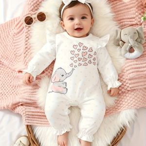 Schattige Olifant & Hart Druk Lange Mouw Romper voor Baby Meisjes, Toddler Crew Neck Knit Bodysuit met Ruffle Mouwen, 95% Polyester 5% Elastan, Reguliere Pasvorm voor Herfst/Winter, voor Buiten