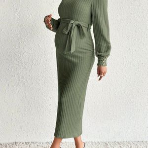 Dames Sexy Stretchy Bodycon Zwangerschapsjurk met Verstelbaar Taillebandje - Lange Mouw A-Lijn Silhouet, Olijfgroene Winter Warmte, Comfortabele Werkkleding & Casual Kleding Voor Zwangere Vrouwen