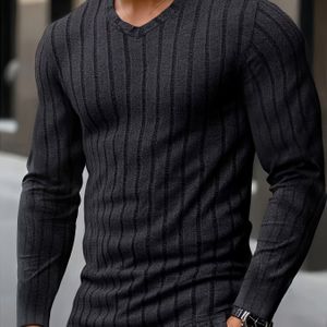 Herenmode Heren T-Shirt Herfst Winter Casual Geribbelde V-Hals Lange Mouw Heren Henley Shirt, Casual Kleding, V-hals Design, Medium Stretch Stof, Duurzame Constructie, Pullover Top