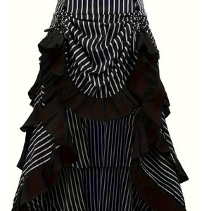 Stijlvolle Gestreepte Roze Rok met – Hoge en Lage Zoom, Zwart-Wit Strepen, Polyester, Wasmachinebestendig, Ideaal voor Lente en Zomer