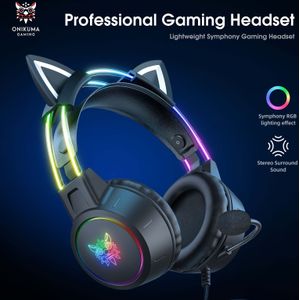 ONIKUMA RGB Gaming Headset met Afneembare Kattenoren - RGB, Surround Sound & Microfoon, Compatibel met PC/Laptop/// Switch (Geen Adapter Nodig) - Bedrade Computer Headset voor