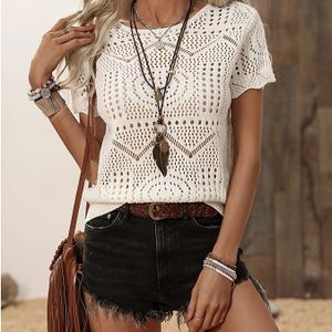 Vrouwen Elegante Ronde Hals Korte Mouw Trui - Semi- Kant Uitgesneden Design, Lichtgewicht Kleur Pullover voor Lente Zomer Herfst, Casual Vakantie & Resort Dracht, Dames Truien