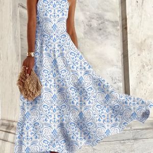 Spring-summer Resort Style Full-body Print Spaghetti Suspender Dress